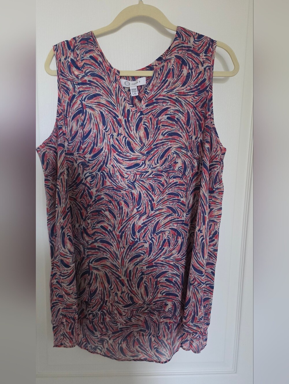Cristina B Printed V-Neck Sleeveless Camisole in Pink and Navy Swirl.